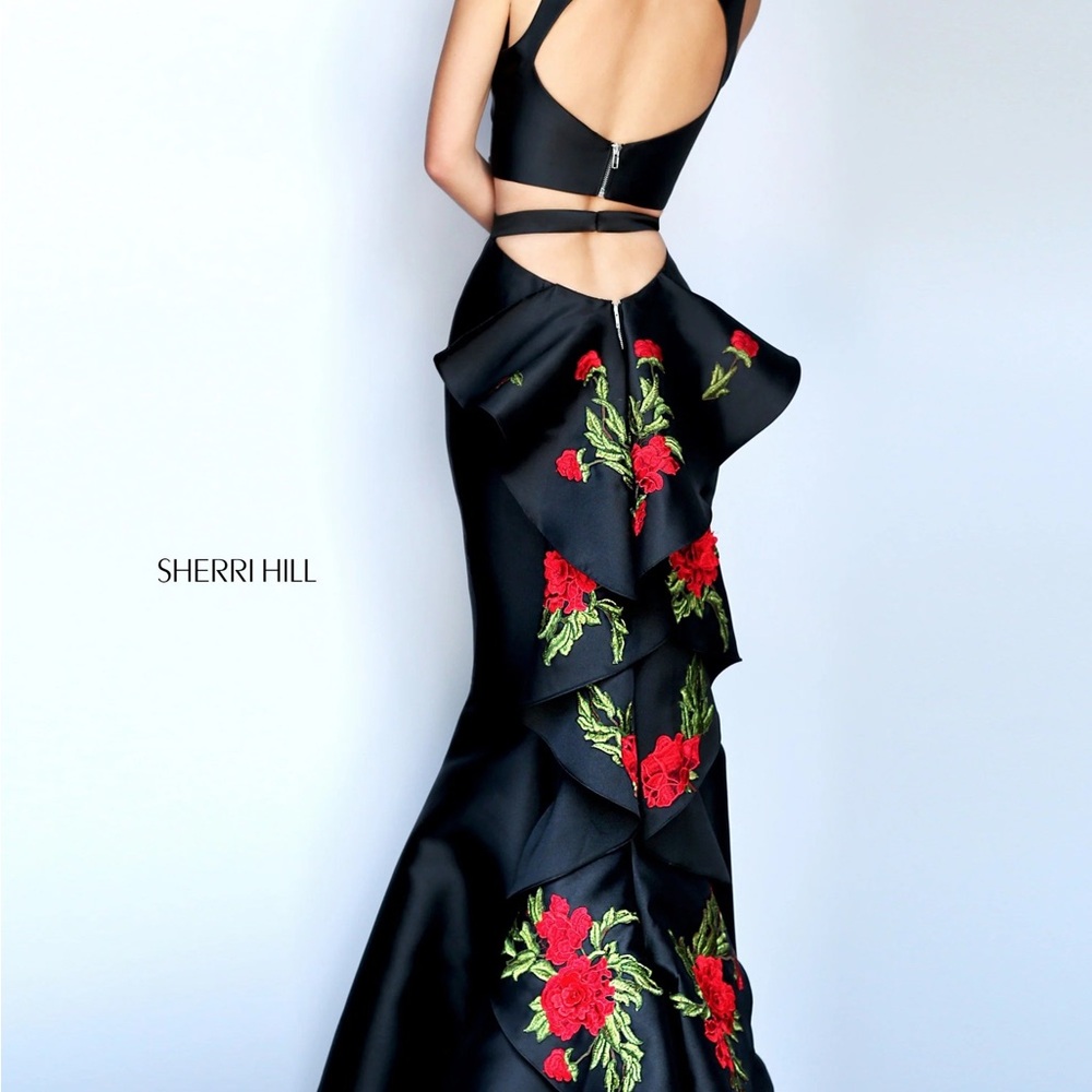 Sherri Hill Black Dress with Red and Green Floral Design